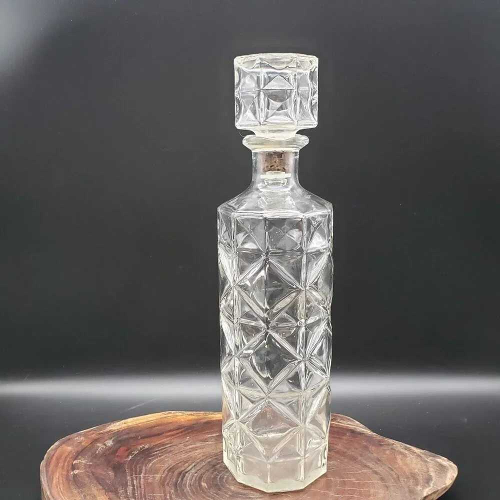 Vintage Pressed Glass Liquor Decanter w Stopper Geometric Pattern 11.5